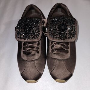 Anthropologie Jeffrey Campbell Shelter Sneakers Brown Satin Black Beaded 10